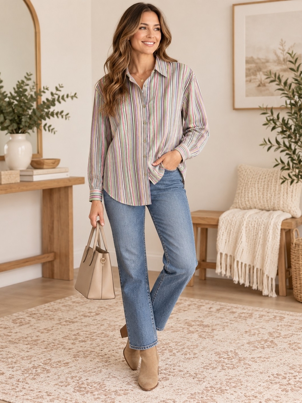 Foxcroft Wrinkle-Free Shaped Fit Multicolor Striped Button-Down Shirt Size 20W